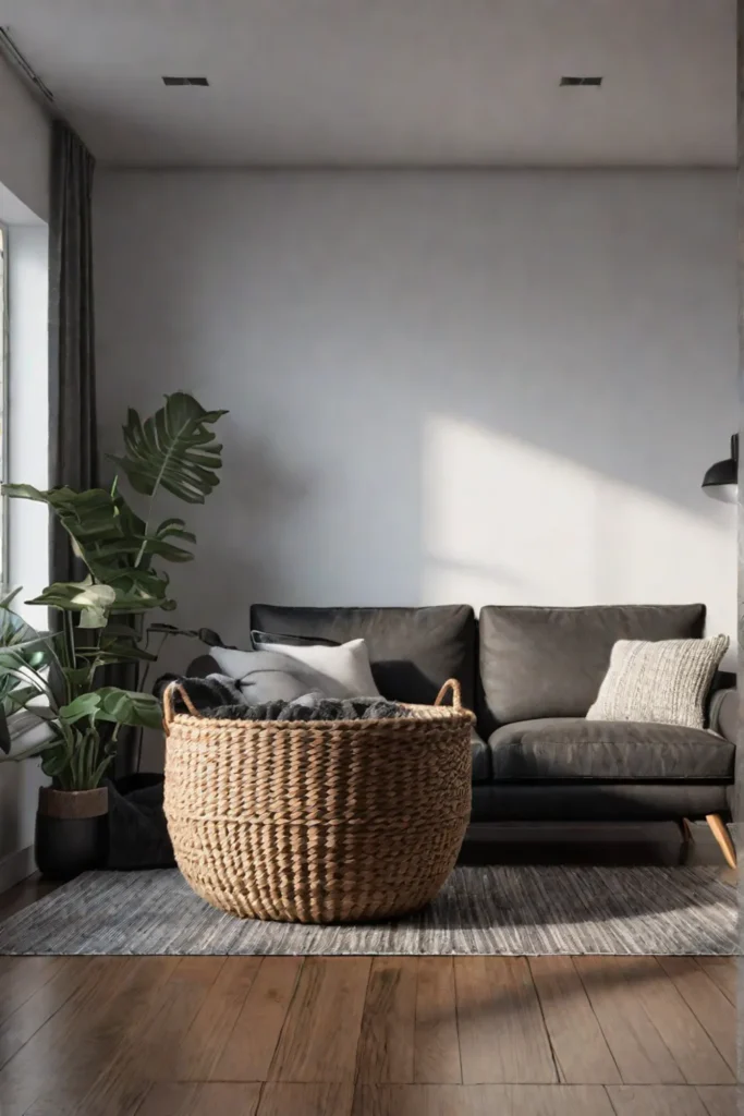 Cozy Scandinavian living room with layered textures including knit throw woven basket