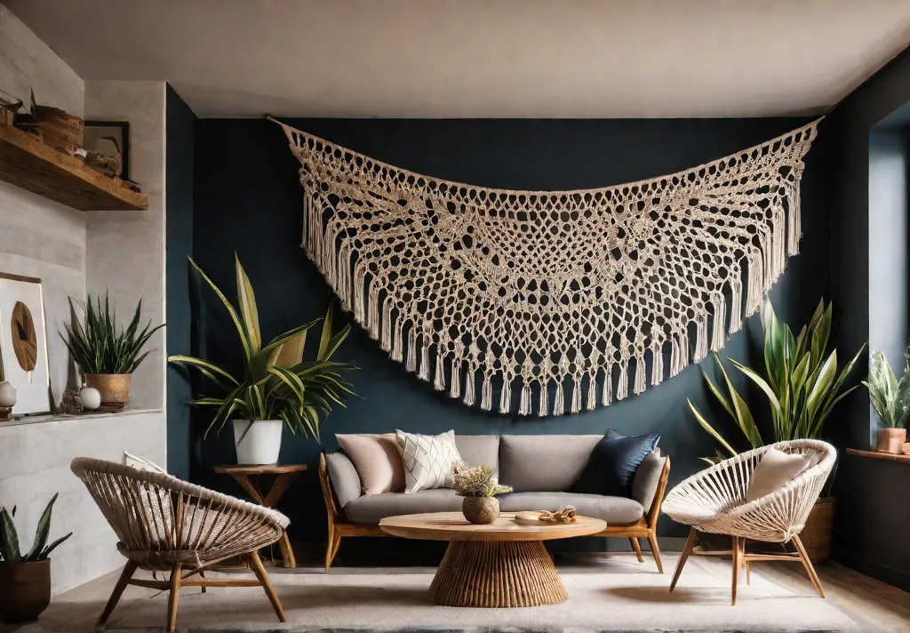 Cozy macrame wall hanging in a warm and inviting living room withfeat