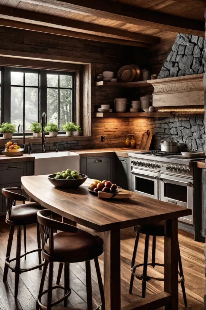 Cozy rustic kitchen featuring a blend of natural materials including stone butcher