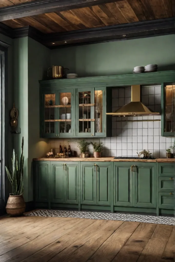 Cozy rustic kitchen with distressed green cabinets brass hardware and warm wood