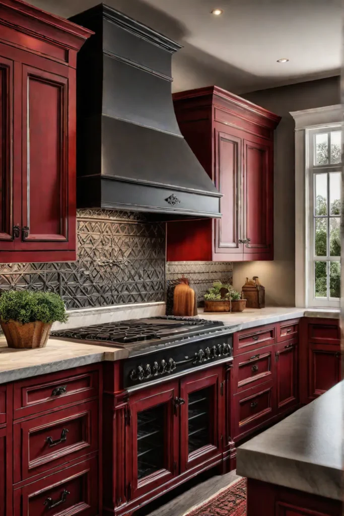 Cozy rustic kitchen with rich red cabinets wrought iron hardware and a