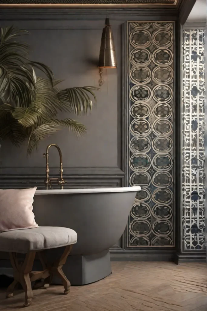 Elegant handpainted stencil art on a bathroom wall featuring classic Moroccan tile
