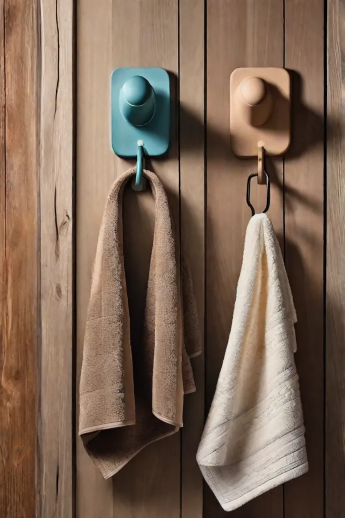 Handcrafted towel hooks made from polished driftwood mounted on a light sandycolored