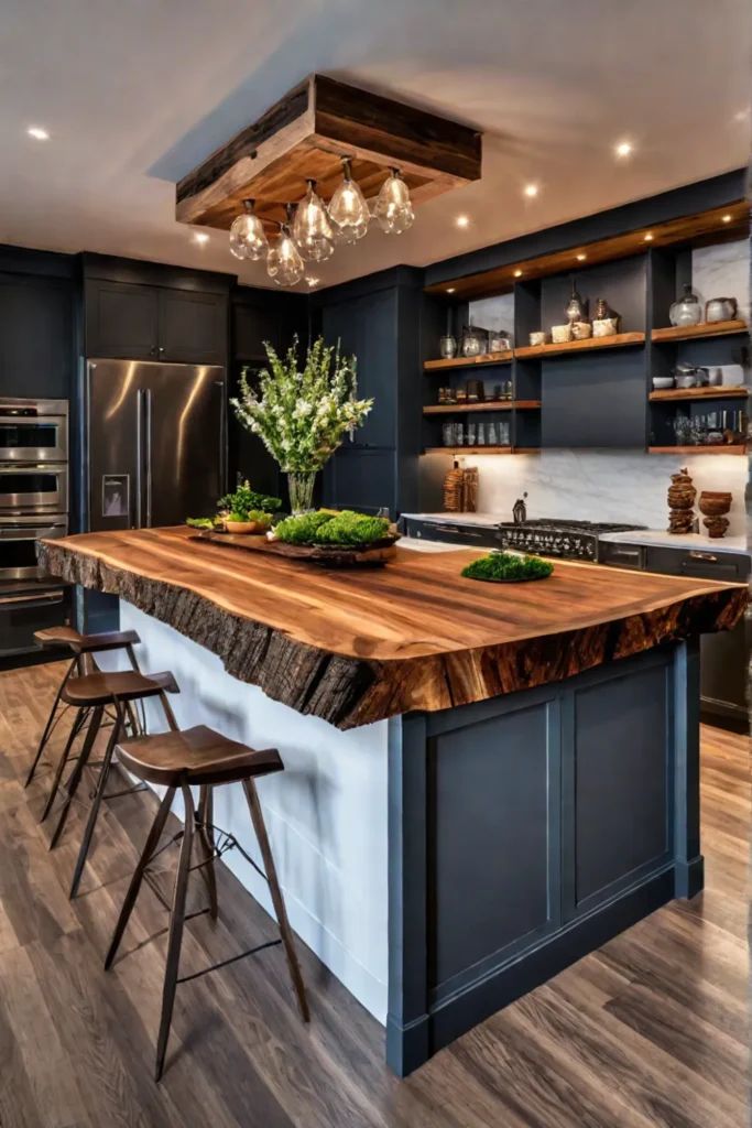 Inviting rustic kitchen with a custombuilt island showcasing a liveedge wood top