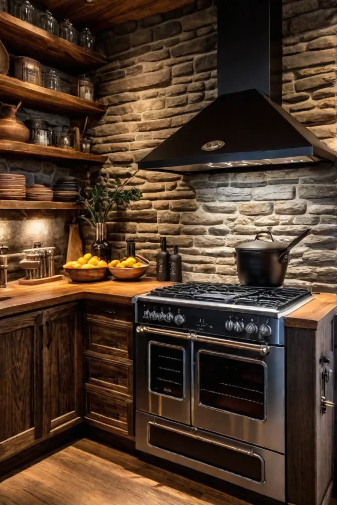 Inviting rustic kitchen with natural wood cabinets a stone backsplash and a