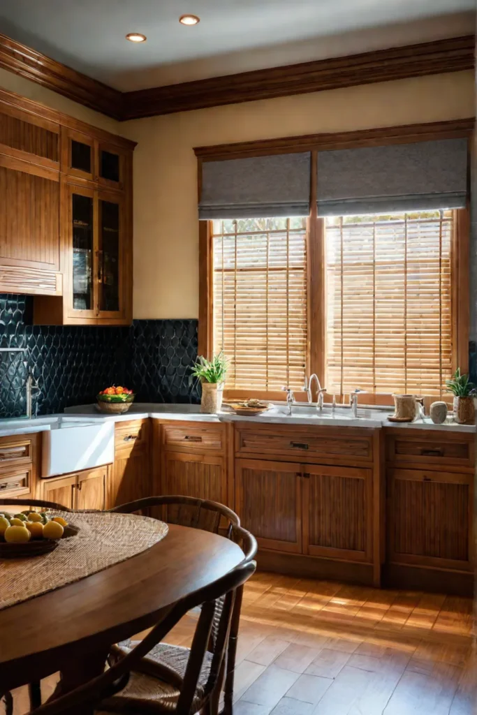 Kitchen window with bamboo roman shades