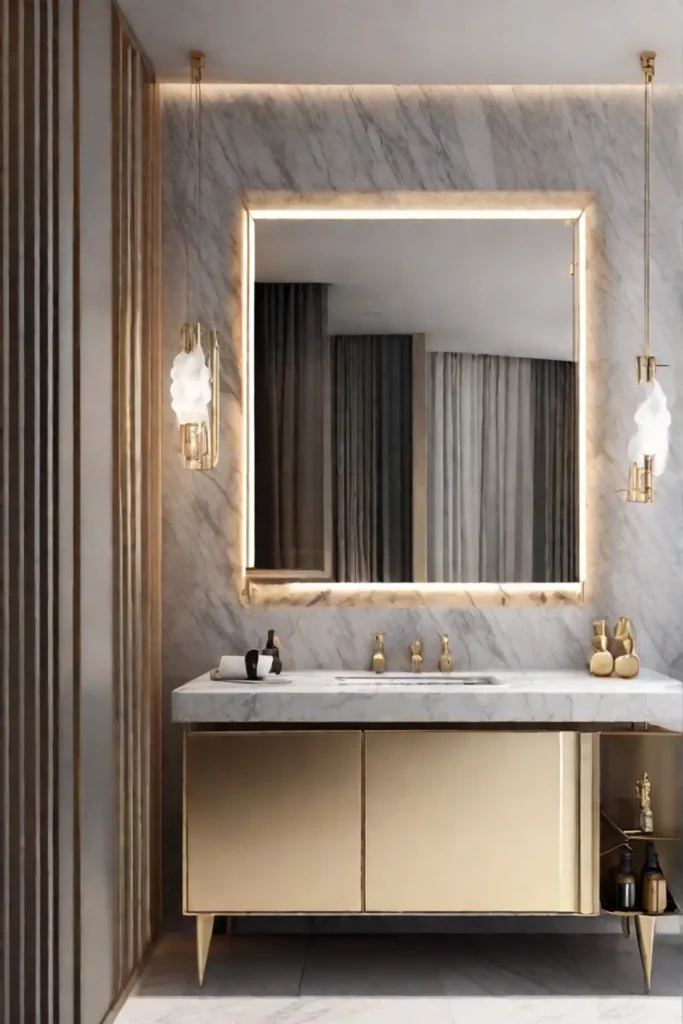 Luxurious bathroom with a wall mounted sculptural gold and crystal sconce casting