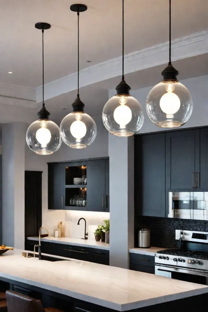 Modern pendant lights hanging above kitchen counter