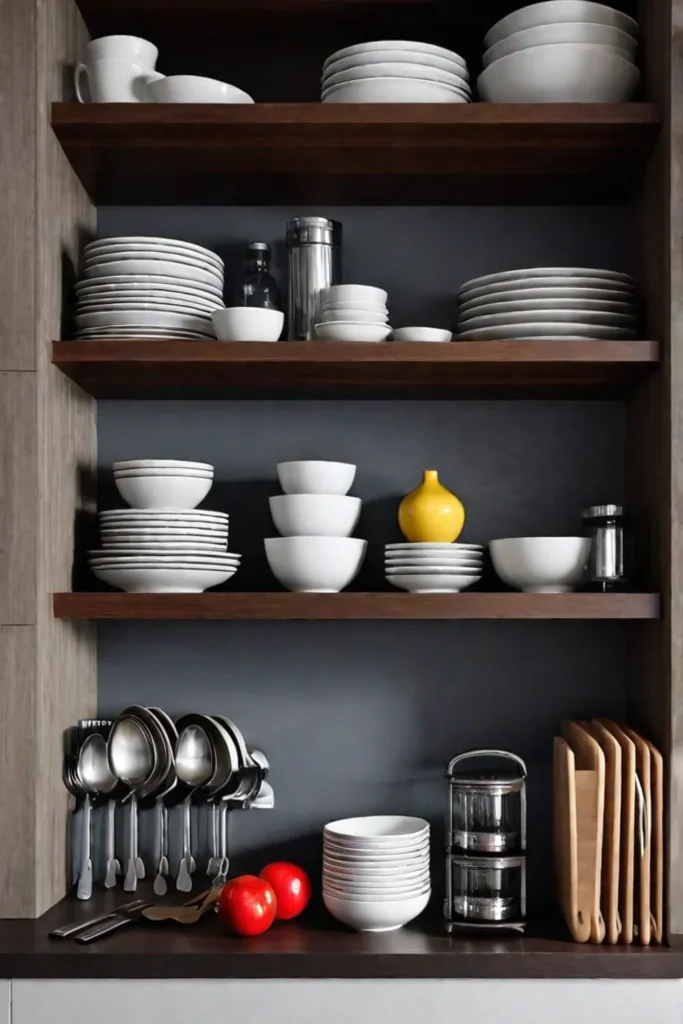 Open kitchen shelves with organized dishware and utensils