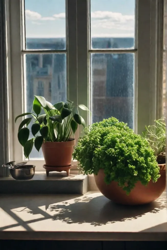 Potted plants on kitchen windowsill or countertop