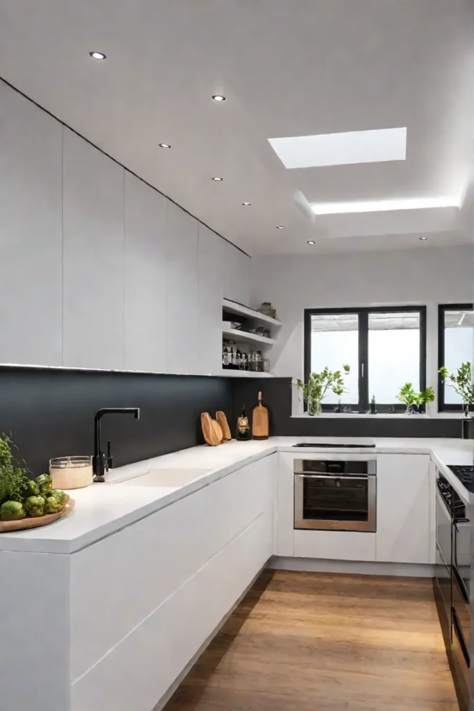 Recessed lighting fixtures installed in kitchen ceiling