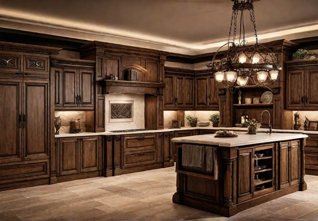 Rustic kitchen cabinets in warm tones with natural wood grain and distressedfeat
