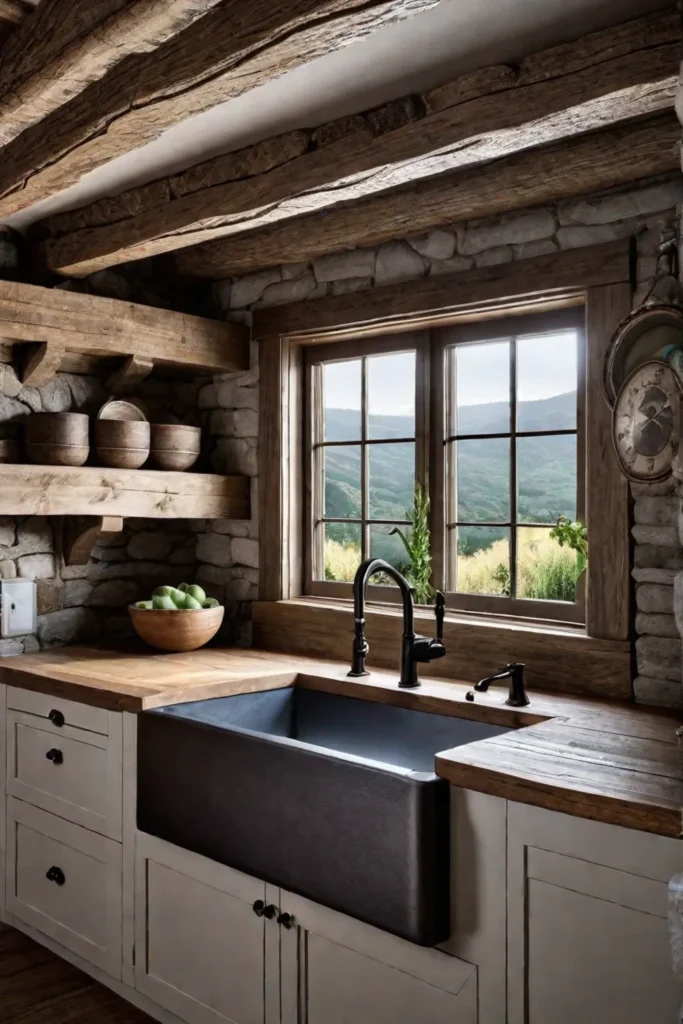 Rustic kitchen with a blend of natural textures including wood beams stone