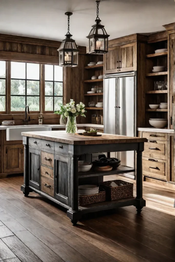 Rustic kitchen with distressed wooden cabinets shiplap walls and a farmhousestyle kitchen