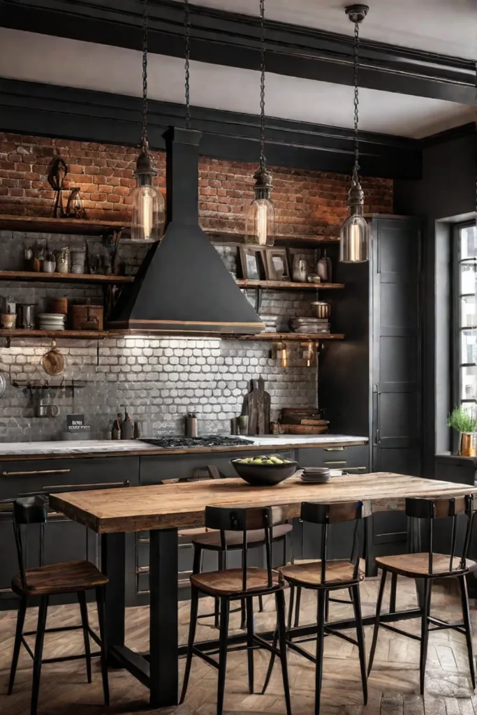 Rustic kitchen with industrialstyle cabinets exposed brick walls and a vintagestyle pendant