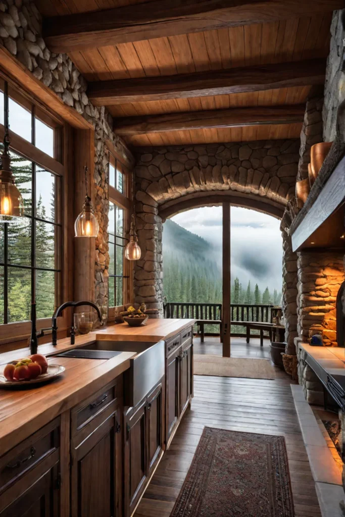 Rustic kitchen with log cabinstyle cabinets stone walls and a woodburning stove