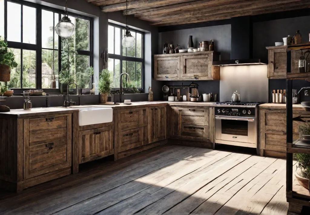 Rustic kitchen with natural wood cabinets featuring a distressed handcrafted look andfeat
