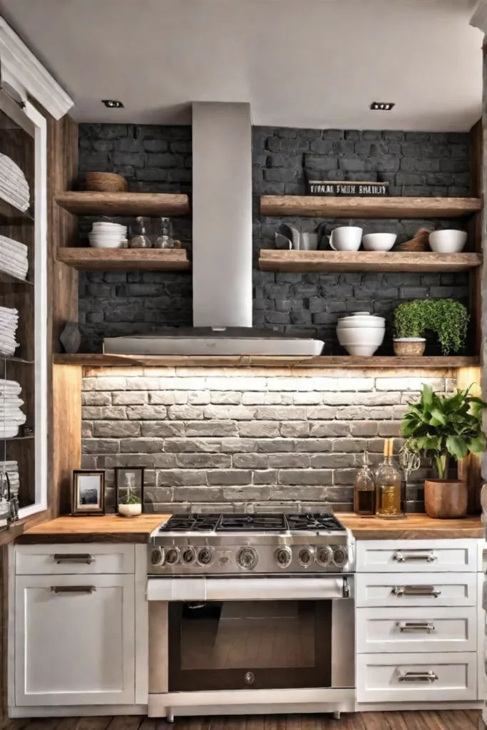 Rustic kitchen with painted wooden cabinets a brick backsplash and farmhouseinspired decor