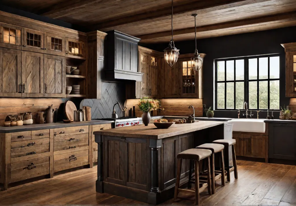 Rustic kitchen with reclaimed wood cabinets featuring a mix of natural tonesfeat