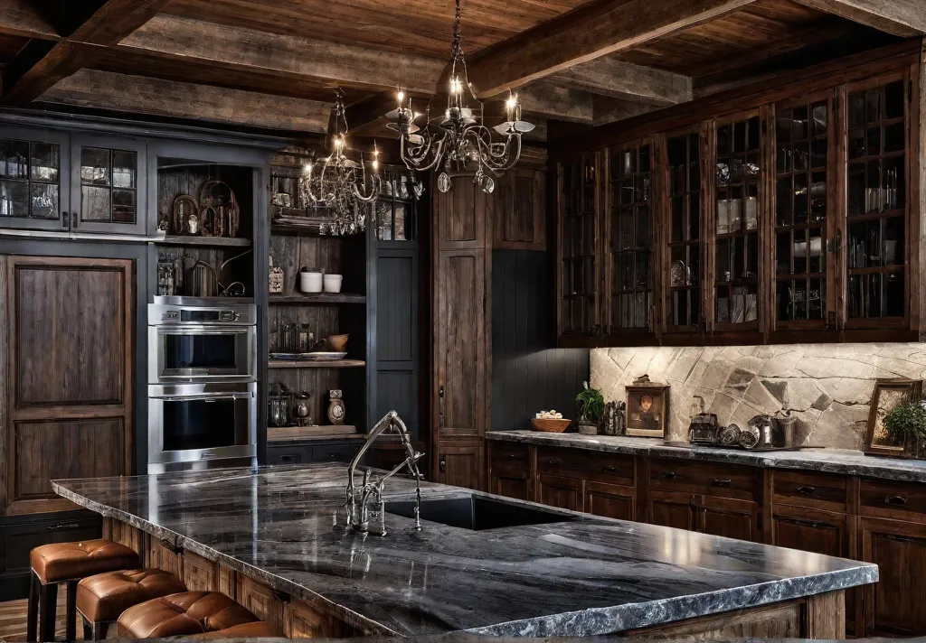 Rustic kitchen with reclaimed wood cabinets natural stone countertops and vintage decorfeat