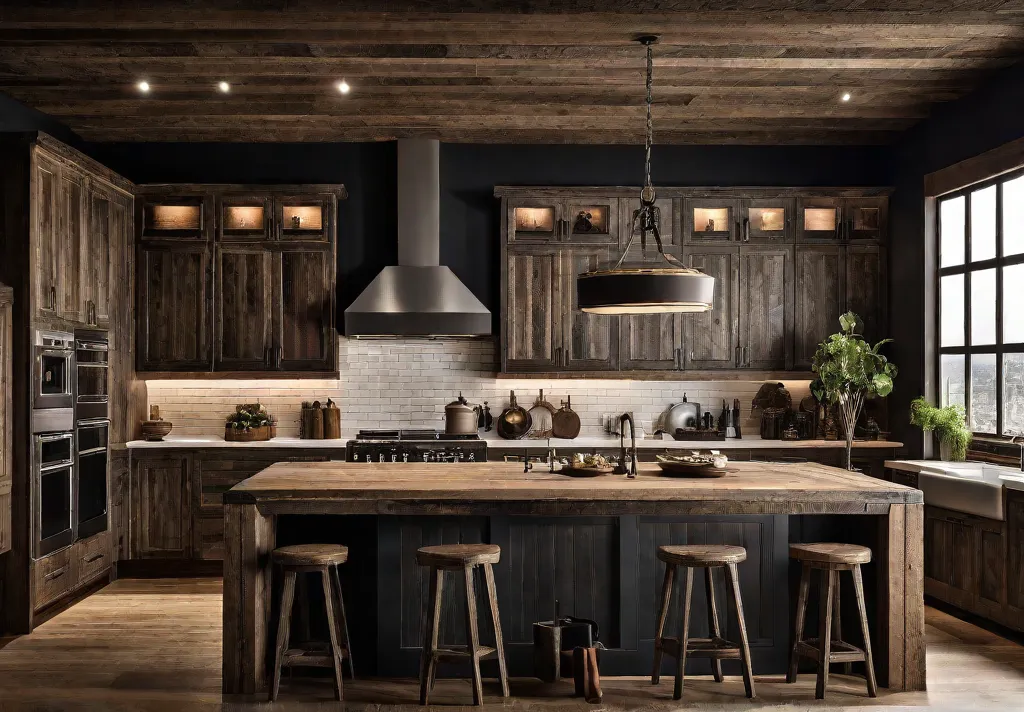 Rustic kitchen with reclaimed wood cabinets showcasing the natural grain and weatheredfeat