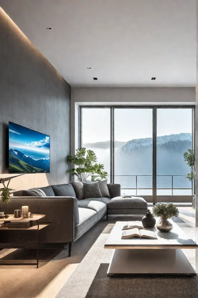 Scandinavian living room with functional sofa minimalist TV stand and large window