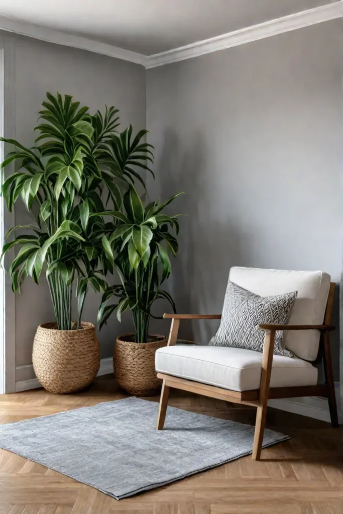 Scandinavian living room with minimalist bookshelf neutral chair and indoor plant