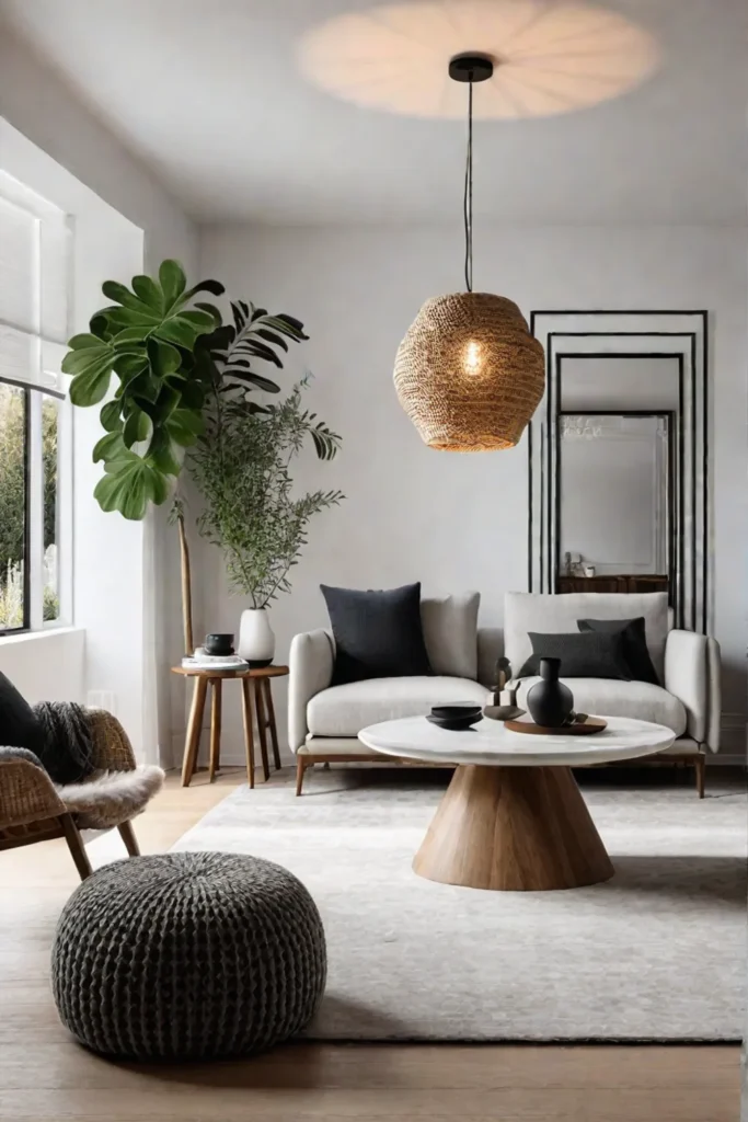 Scandinavian living room with natural materials including wood table woven light and