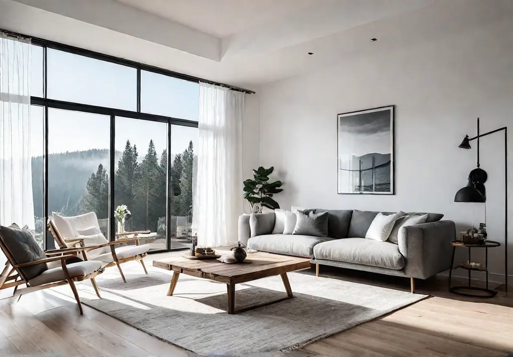 Serene Scandinavian living room with minimalist white furniture natural wood accents andfeat