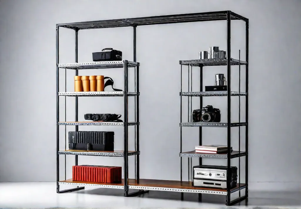 Sleek metal shelving unit with multiple tiers against a white wallfeat