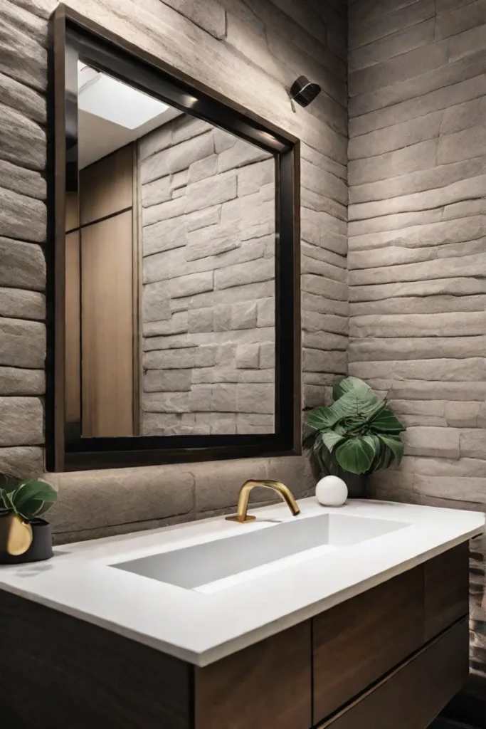 Textured stone wall in a modern bathroom providing a tactile and visually