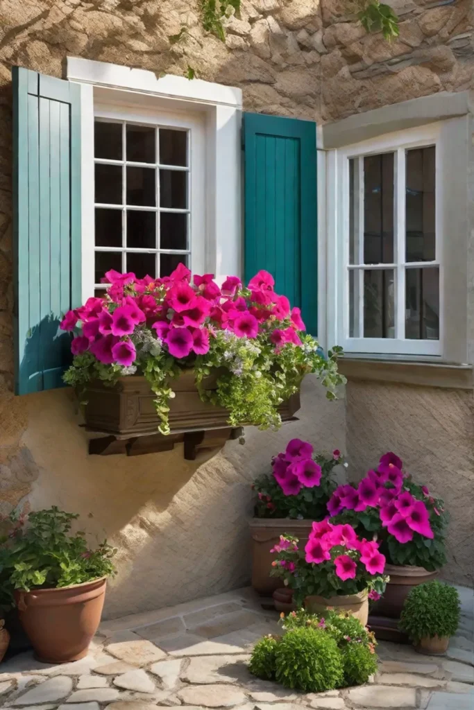 Window boxes filled with a mix of sunloving petunias and shadetolerant fuchsias_resized