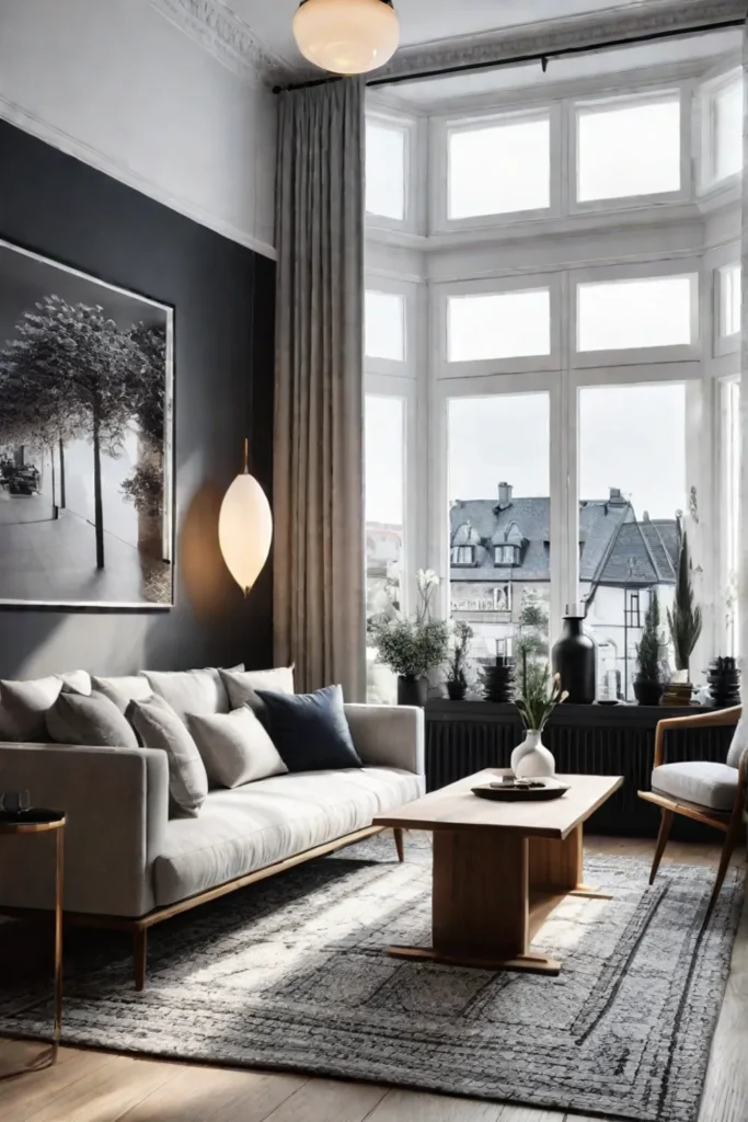 a Scandinavian living room that combines modern minimalist design with traditional cozy