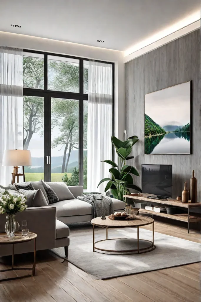 a Scandinavian living room that features natural materials and greenery creating a