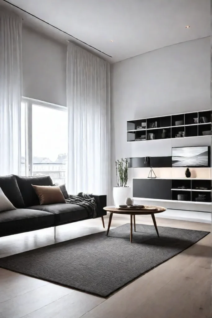 a Scandinavian living room with a minimalist design clean lines and hidden