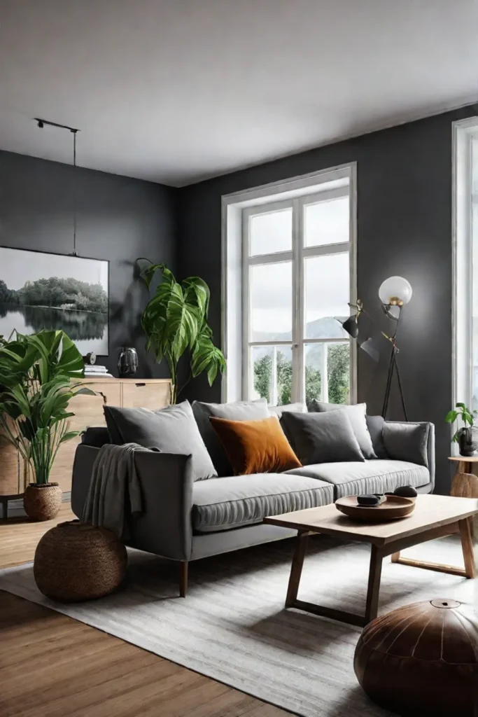 a Scandinavian living room with natural materials greenery and a soothing minimalist