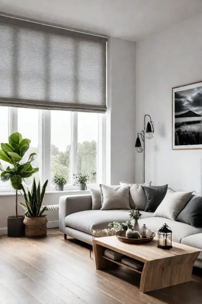a cozy minimalist Scandinavian living room with a neutral color scheme and