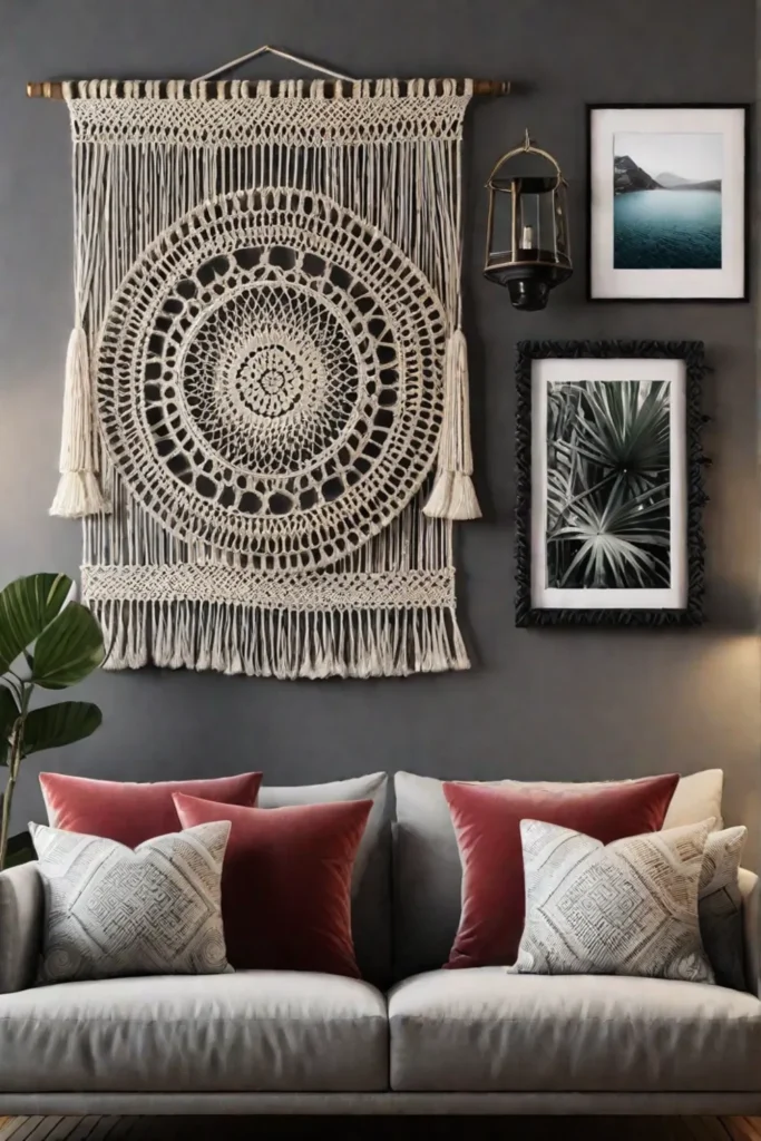 a living room wall adorned with a variety of macrame wall hangings