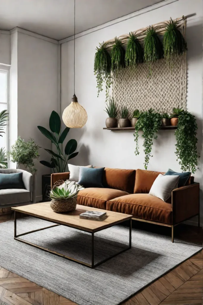 a living room wall dominated by a striking oversized macrame wall hanging