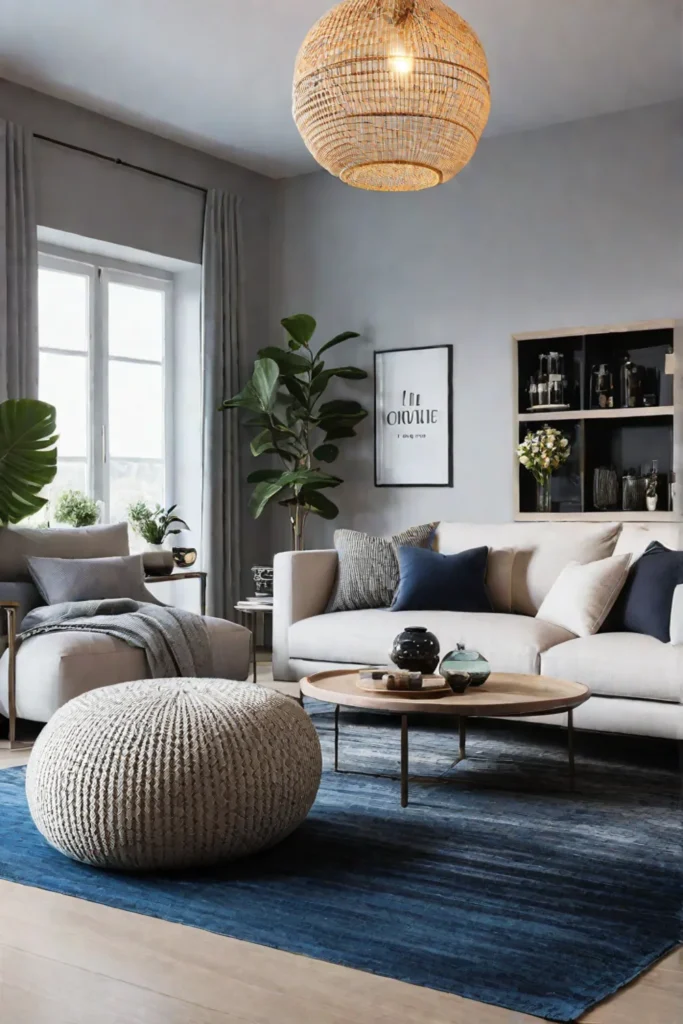 a modern minimalist Scandinavian living room with a neutral color palette and