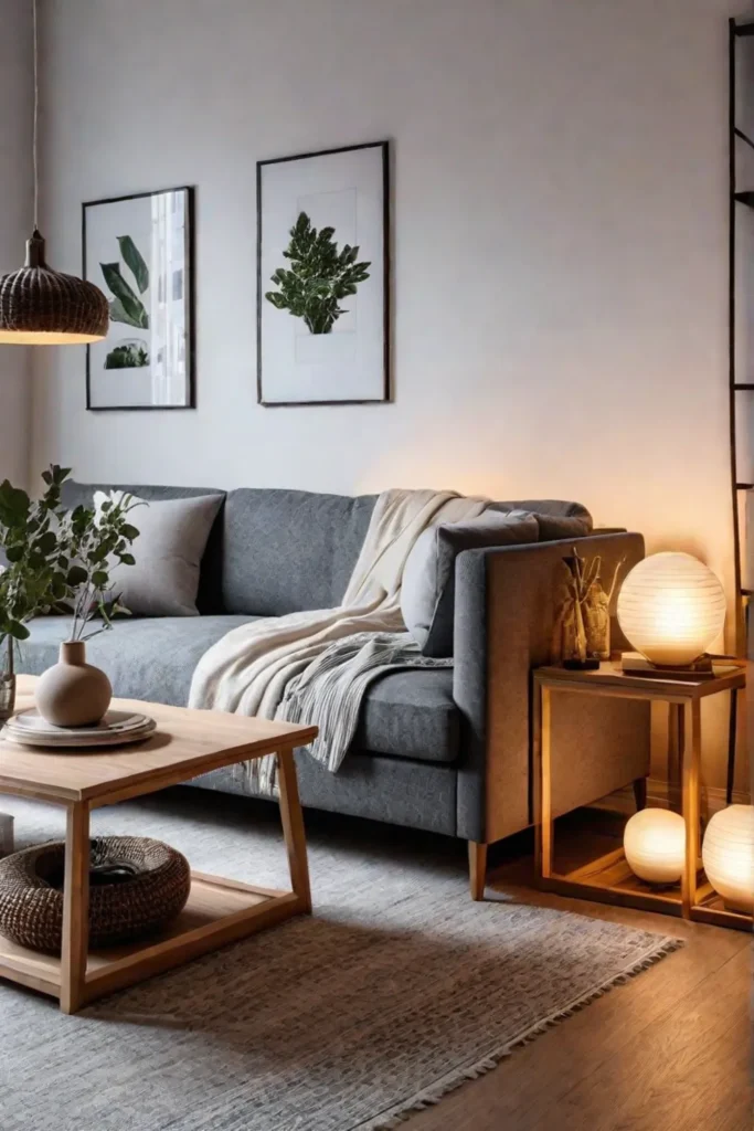 a warm inviting Scandinavian living room with cozy textiles soft lighting and