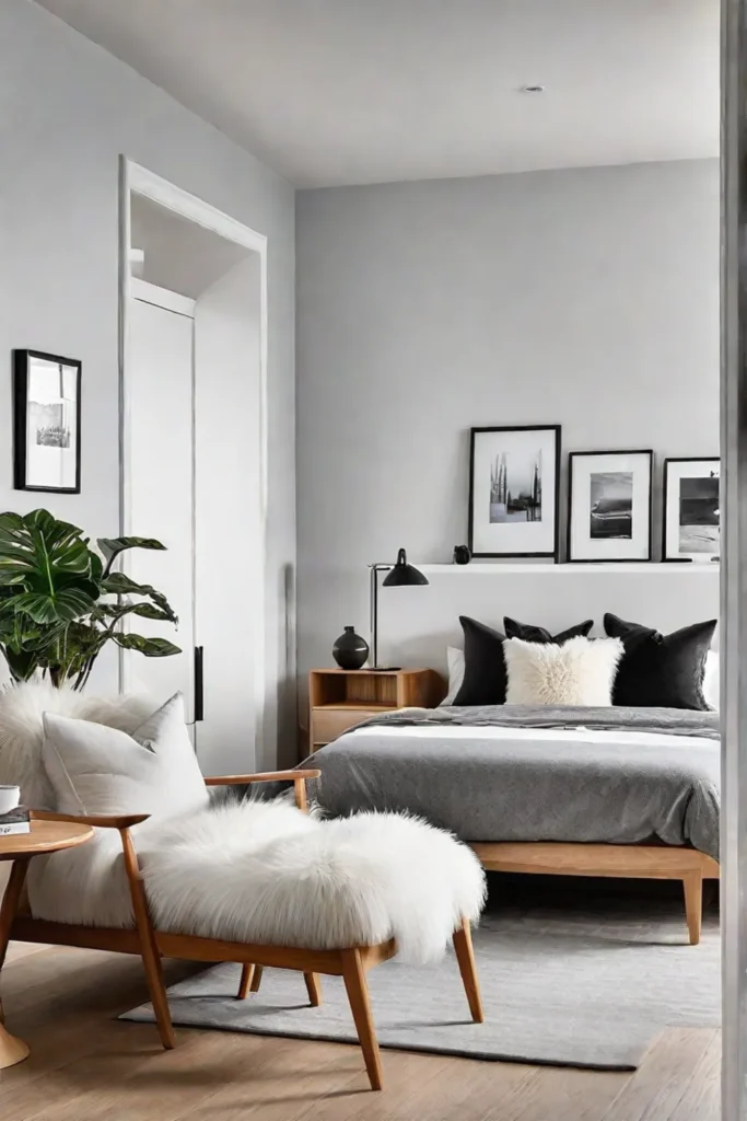 A Scandinavianstyle bedroom with a light wood bed white nightstands and a