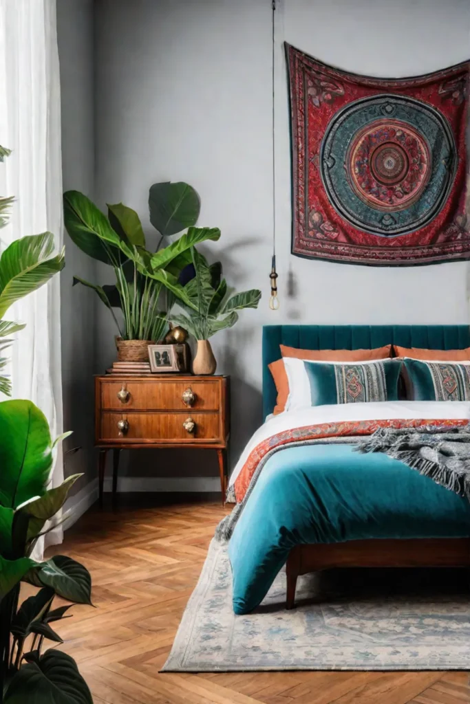 A bohemian bedroom with a tapestry mismatched nightstands and a vintage dresser