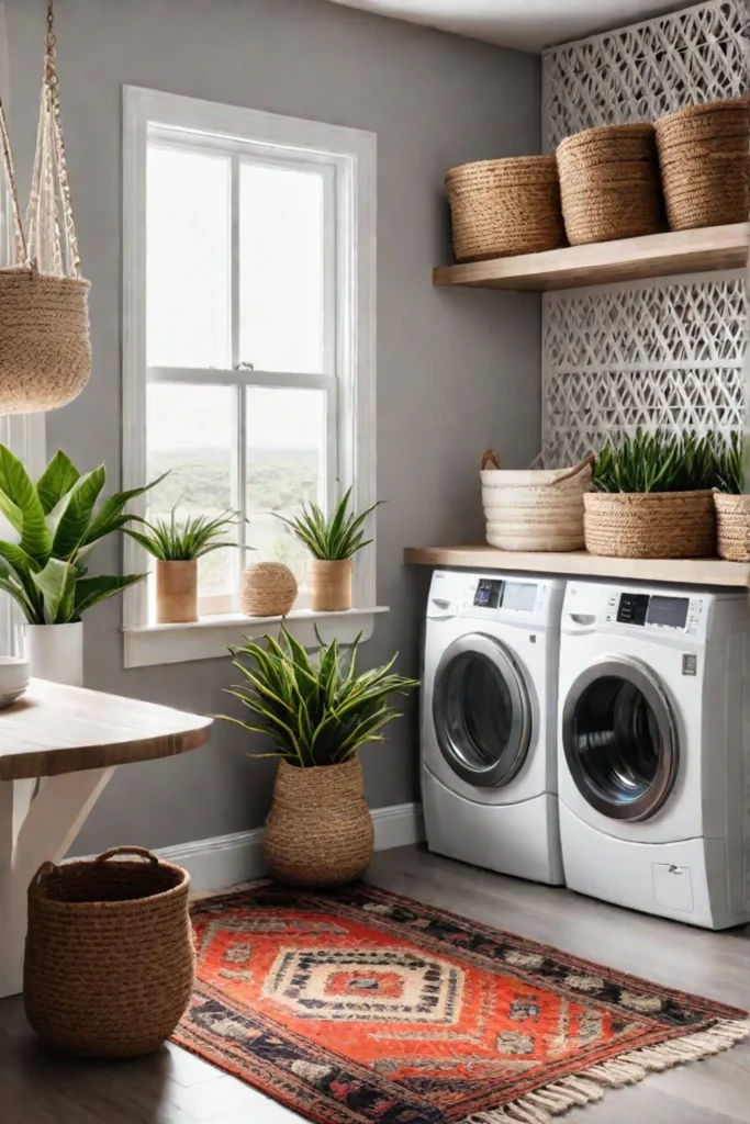 A bohemian laundry room with macrame and woven baskets
