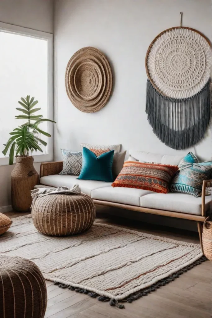 A bohemian living room with macrame and mixed textiles