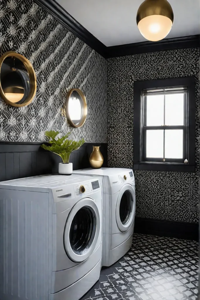 A bold laundry room with black and white wallpaper charcoal gray walls