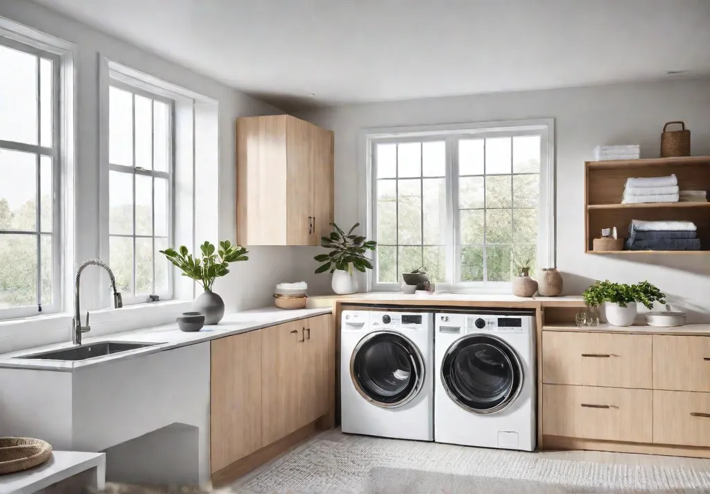 A bright airy laundry room with white walls and light wood cabinetsfeat