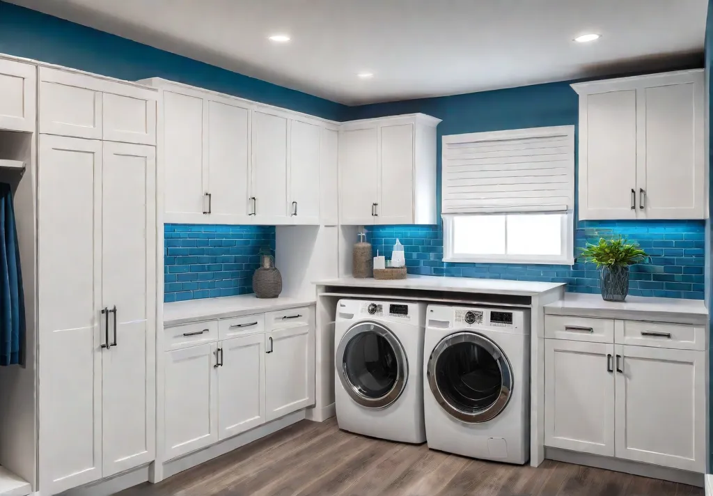 A bright and airy laundry room with white shakerstyle cabinets offering amplefeat