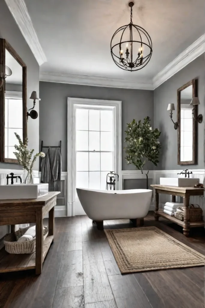 A charming farmhouse bathroom with a freestanding bathtub a distressed vanity and