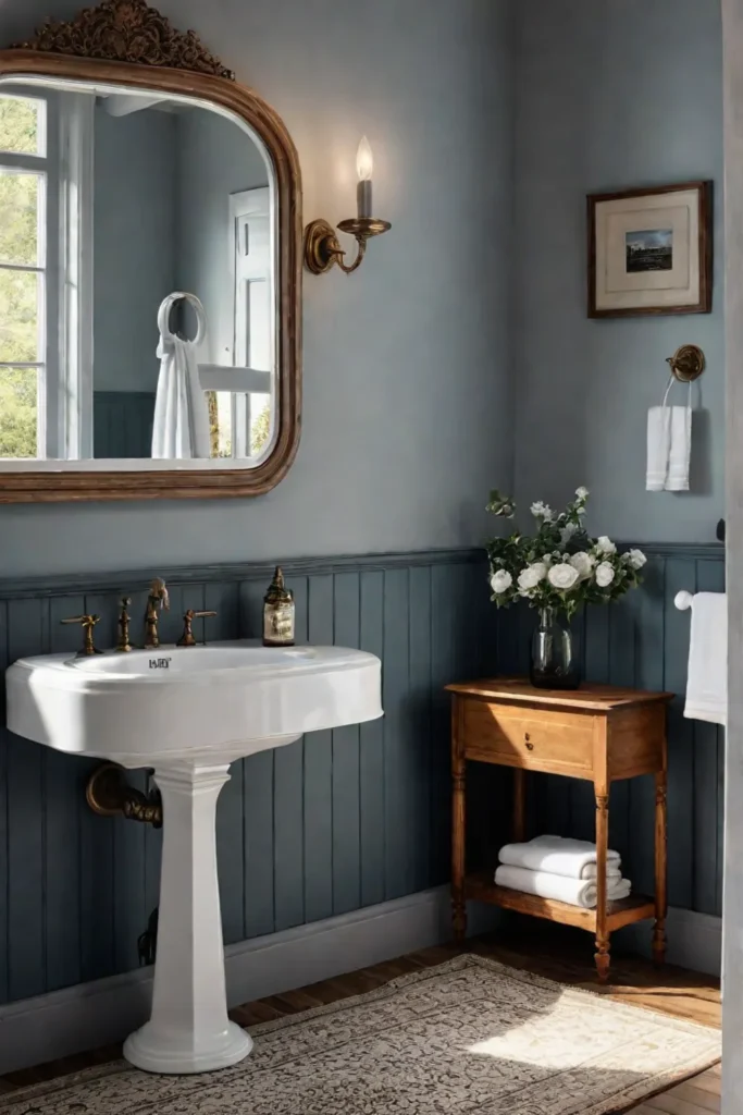 A charming farmhouse bathroom with a pedestal sink a vintage mirror and